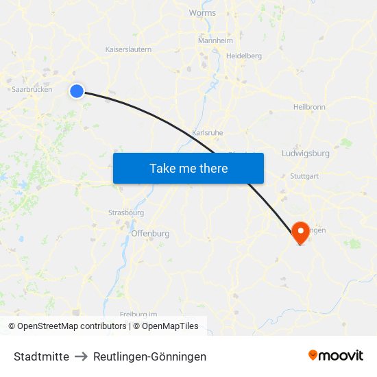 Stadtmitte to Reutlingen-Gönningen map