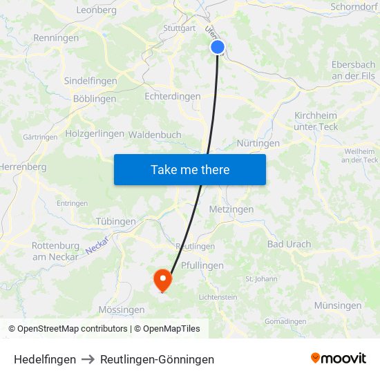 Hedelfingen to Reutlingen-Gönningen map