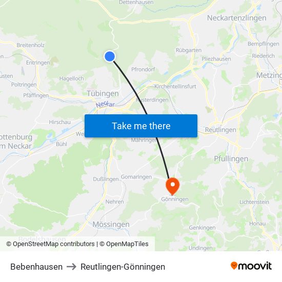 Bebenhausen to Reutlingen-Gönningen map