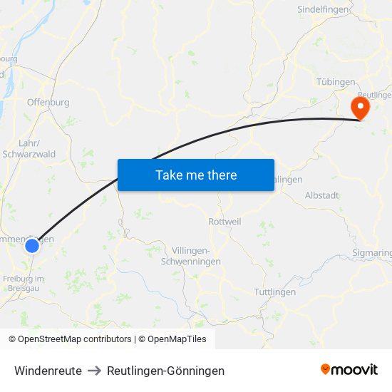Windenreute to Reutlingen-Gönningen map