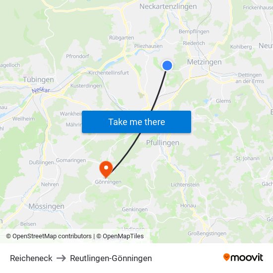 Reicheneck to Reutlingen-Gönningen map