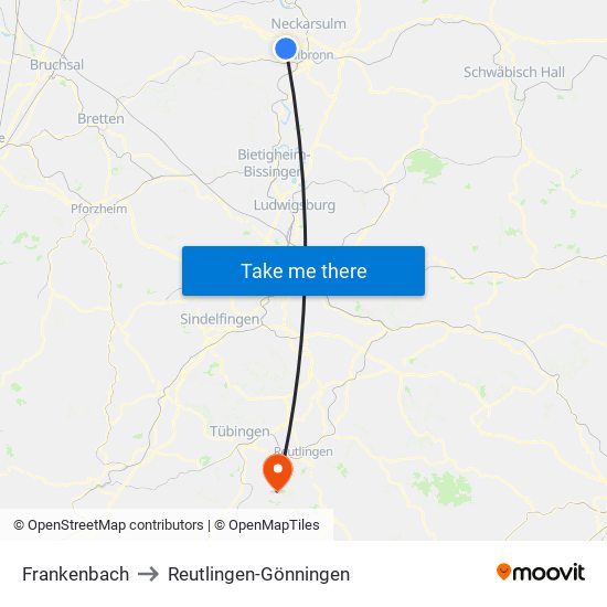 Frankenbach to Reutlingen-Gönningen map