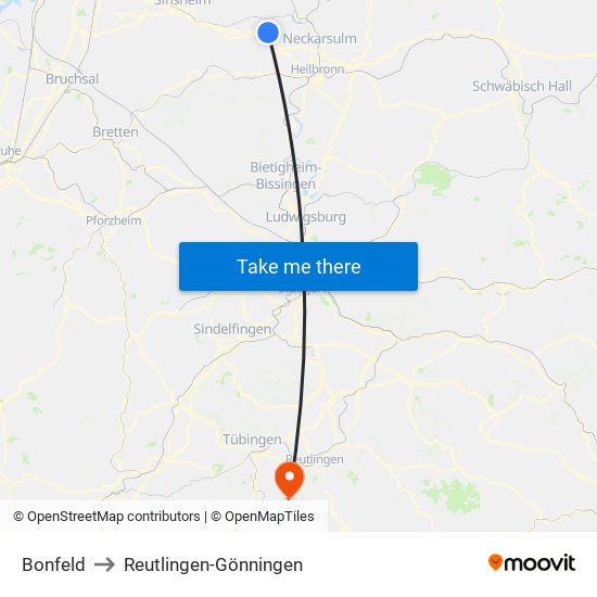 Bonfeld to Reutlingen-Gönningen map