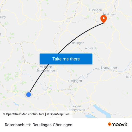 Rötenbach to Reutlingen-Gönningen map