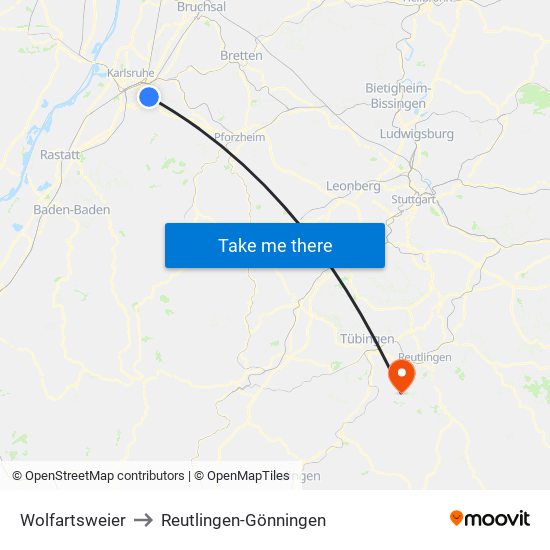 Wolfartsweier to Reutlingen-Gönningen map