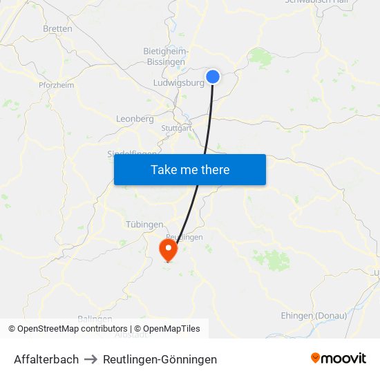 Affalterbach to Reutlingen-Gönningen map