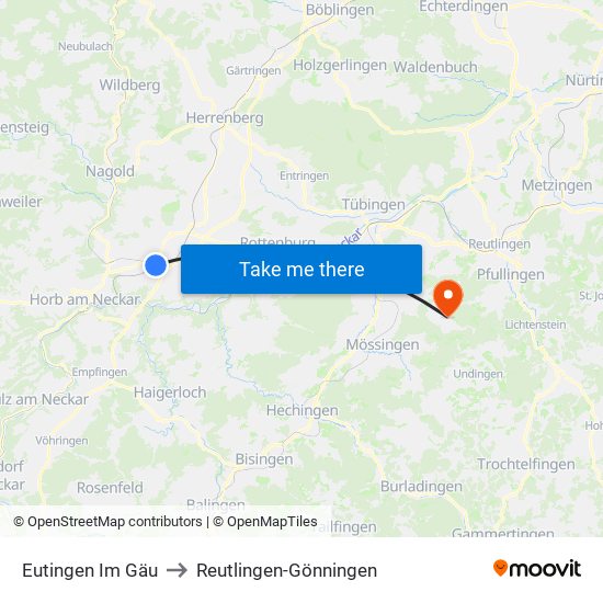 Eutingen Im Gäu to Reutlingen-Gönningen map