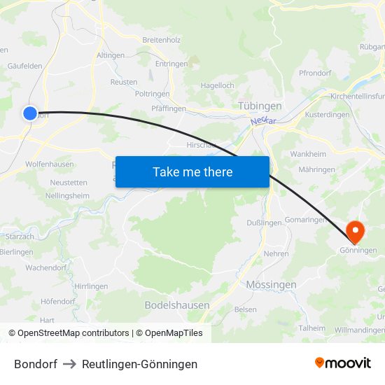 Bondorf to Reutlingen-Gönningen map