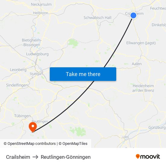 Crailsheim to Reutlingen-Gönningen map