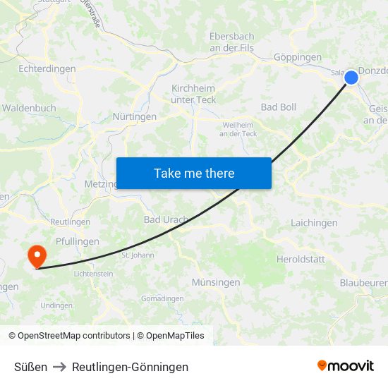 Süßen to Reutlingen-Gönningen map