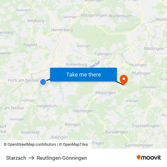 Starzach to Reutlingen-Gönningen map