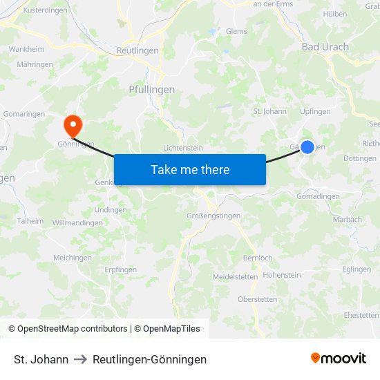 St. Johann to Reutlingen-Gönningen map