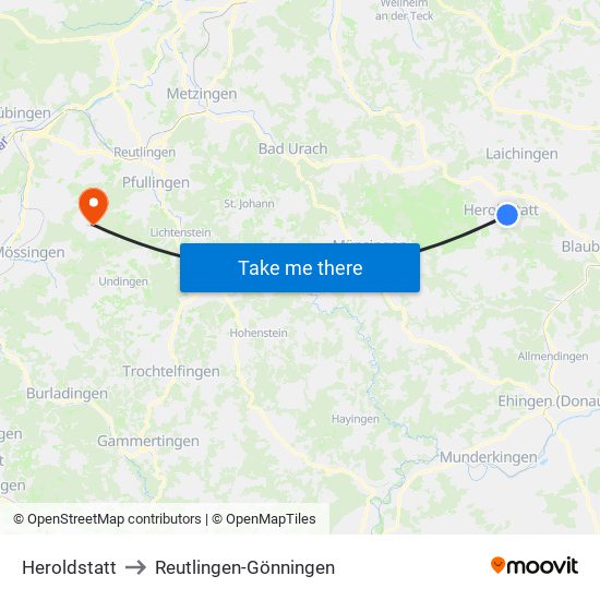 Heroldstatt to Reutlingen-Gönningen map