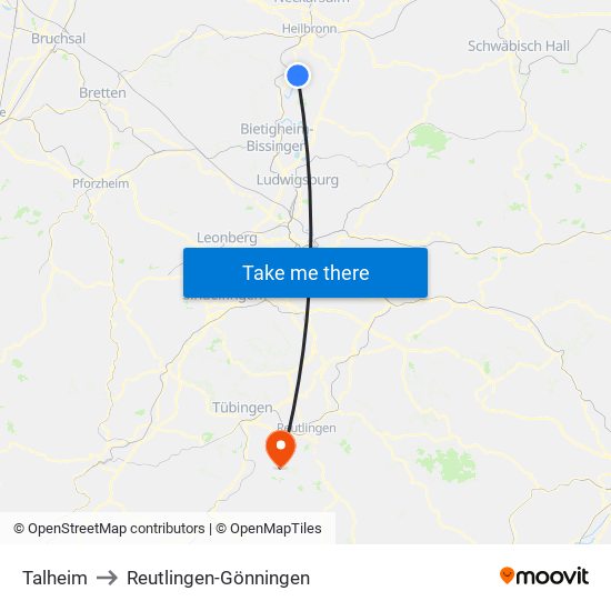 Talheim to Reutlingen-Gönningen map