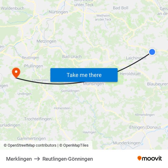 Merklingen to Reutlingen-Gönningen map