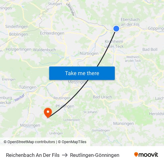 Reichenbach An Der Fils to Reutlingen-Gönningen map