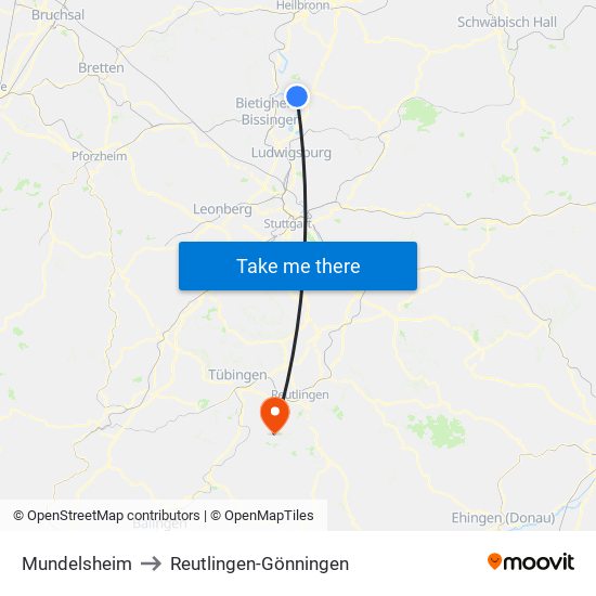 Mundelsheim to Reutlingen-Gönningen map