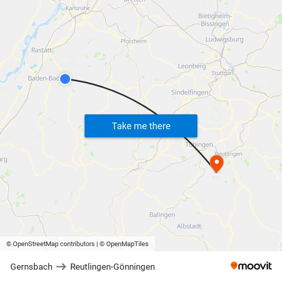 Gernsbach to Reutlingen-Gönningen map