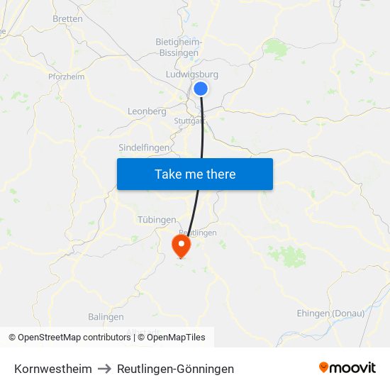 Kornwestheim to Reutlingen-Gönningen map