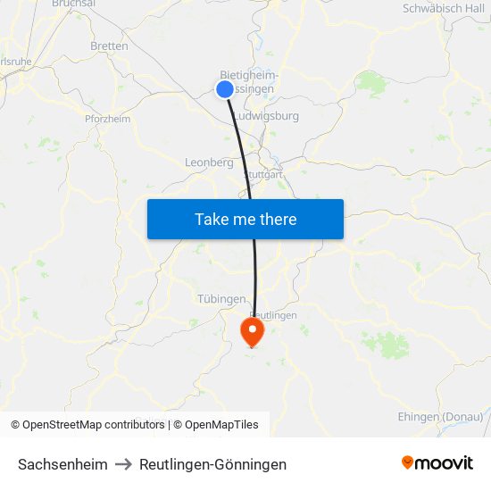 Sachsenheim to Reutlingen-Gönningen map