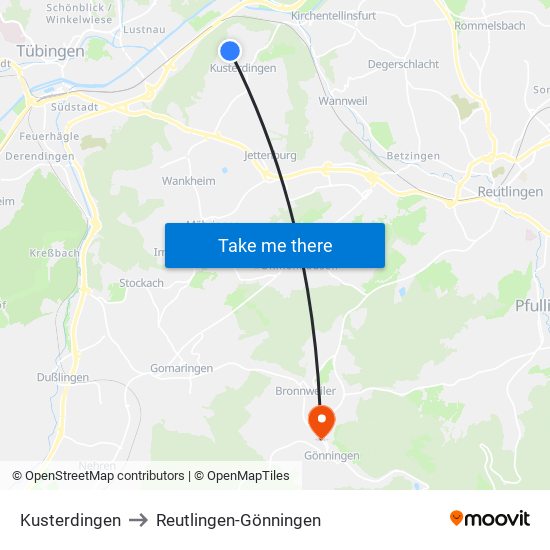 Kusterdingen to Reutlingen-Gönningen map