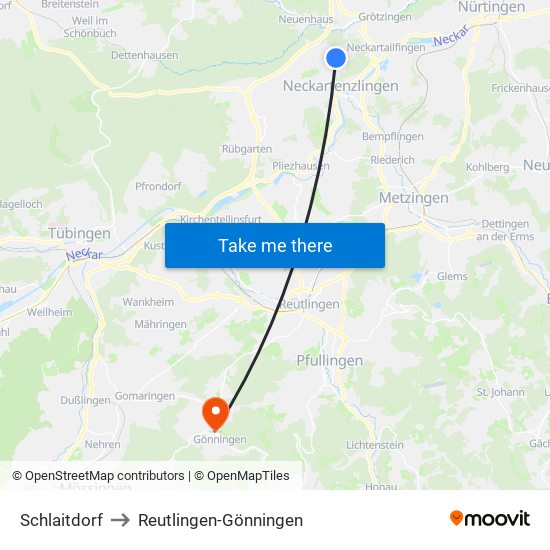 Schlaitdorf to Reutlingen-Gönningen map