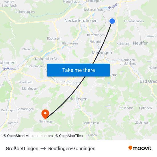 Großbettlingen to Reutlingen-Gönningen map