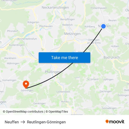 Neuffen to Reutlingen-Gönningen map