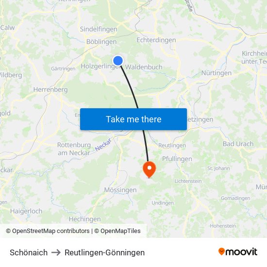 Schönaich to Reutlingen-Gönningen map