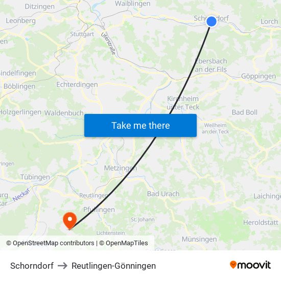 Schorndorf to Reutlingen-Gönningen map