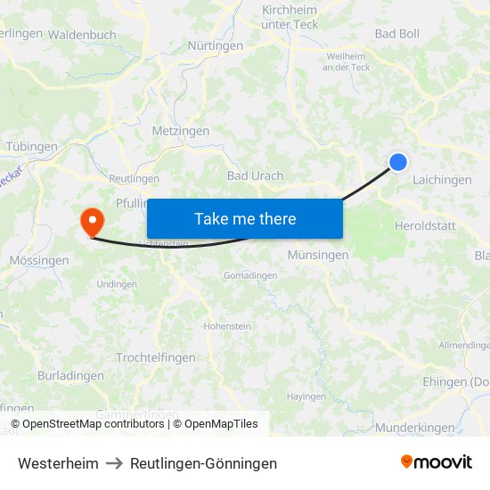 Westerheim to Reutlingen-Gönningen map