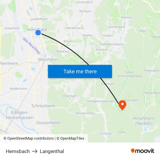 Hemsbach to Langenthal map