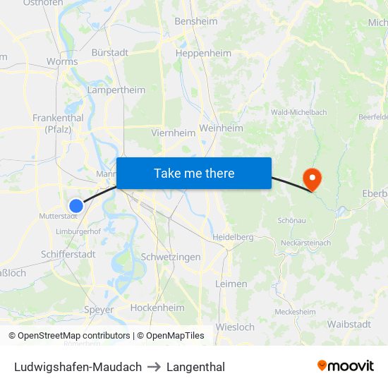 Ludwigshafen-Maudach to Langenthal map