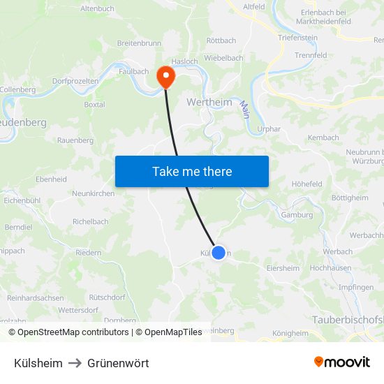Külsheim to Grünenwört map