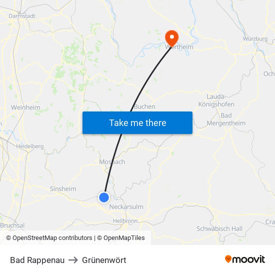 Bad Rappenau to Grünenwört map