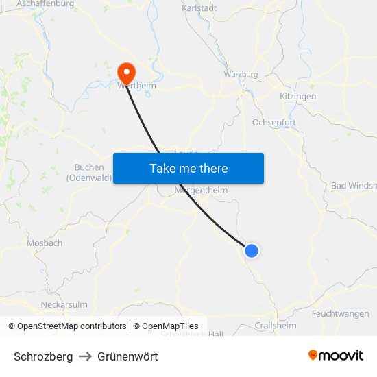 Schrozberg to Grünenwört map