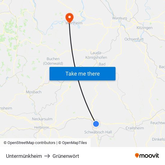 Untermünkheim to Grünenwört map