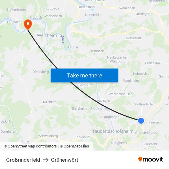 Großrinderfeld to Grünenwört map