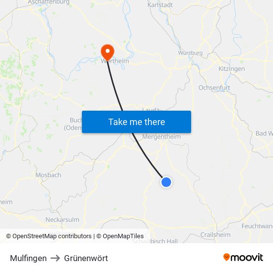 Mulfingen to Grünenwört map