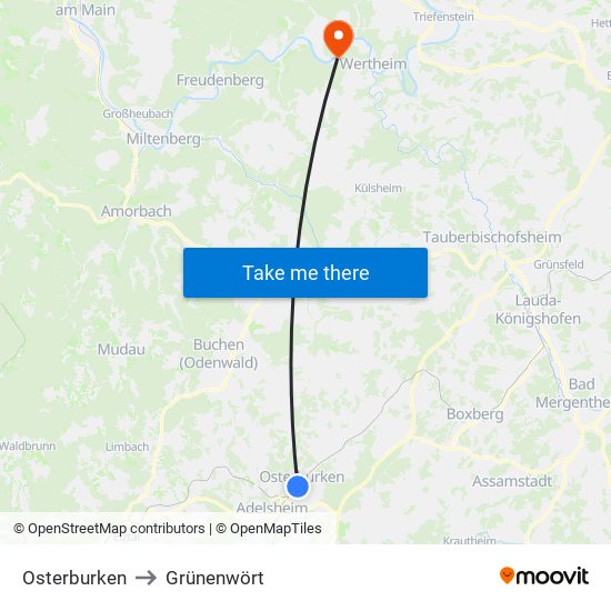 Osterburken to Grünenwört map