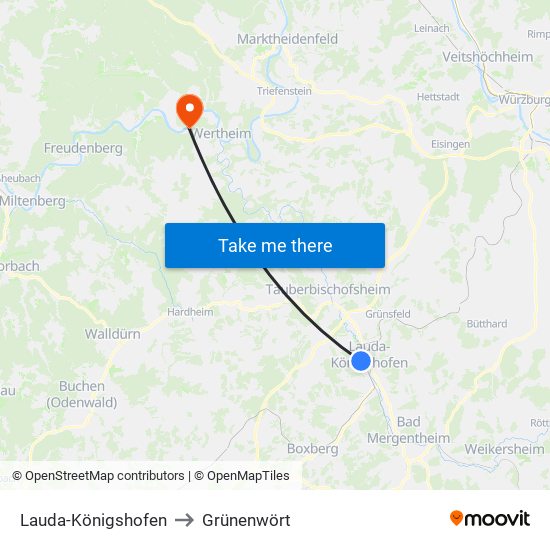 Lauda-Königshofen to Grünenwört map