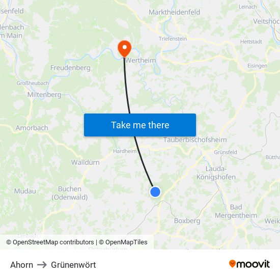 Ahorn to Grünenwört map