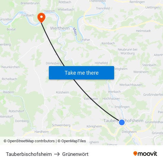 Tauberbischofsheim to Grünenwört map