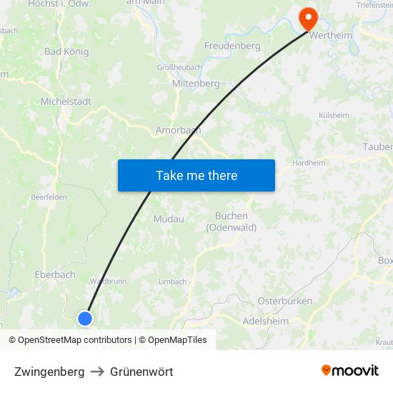 Zwingenberg to Grünenwört map