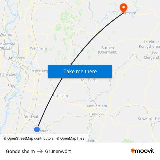 Gondelsheim to Grünenwört map