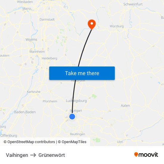 Vaihingen to Grünenwört map