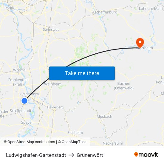 Ludwigshafen-Gartenstadt to Grünenwört map