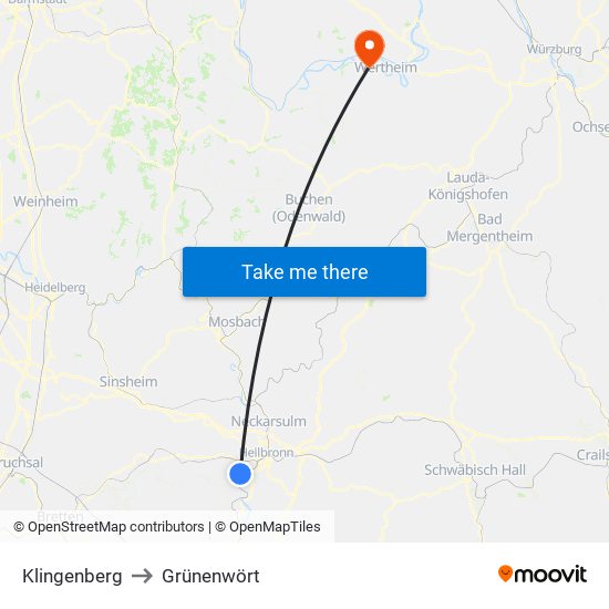 Klingenberg to Grünenwört map