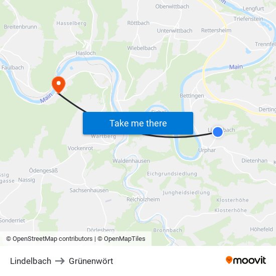 Lindelbach to Grünenwört map