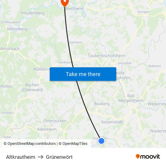 Altkrautheim to Grünenwört map